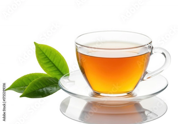 Obraz Clear cup amber beverage green leaves isolated on a transparent background