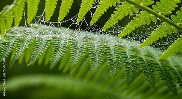 Obraz Fern Frond Adorned with Dew Covered Spiderweb in Green Forest
