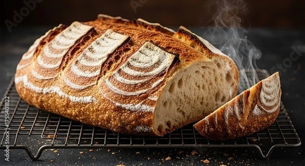 Fototapeta Freshly Baked Sourdough Bread with Steam Rising and Artistic Cuts