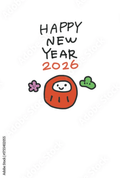 Obraz 手書きの可愛いダルマの年賀状プレート2026