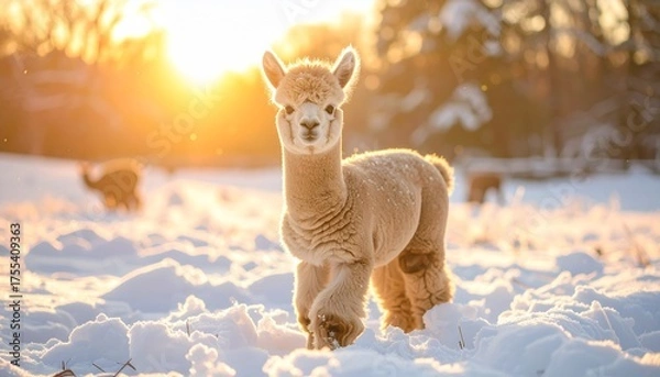Fototapeta Baby Alpaca in a Snowy Field at Golden Hour