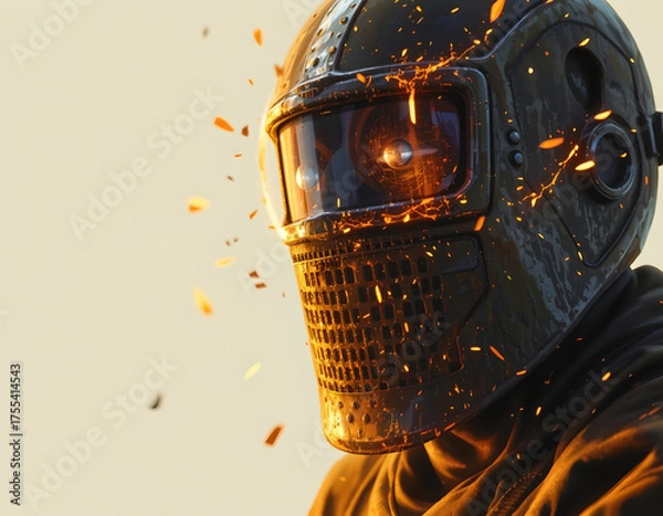 Fototapeta Armored futuristic helmet with glowing embers and scratched metal visor, dramatic close up portrait with warm light