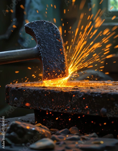 Fototapeta Hammer striking glowing metal on anvil with orange sparks flying, dramatic industrial blacksmith action and heat