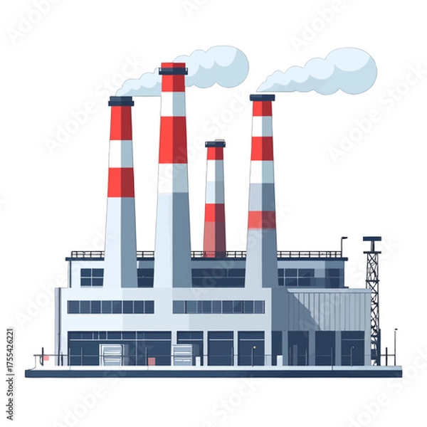 Obraz Factory with White and Red Striped Chimneys Releasing Smoke Isolated on White Background