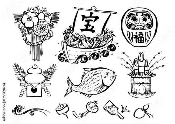 Obraz 正月　筆 線画 イラスト セット　ベクター