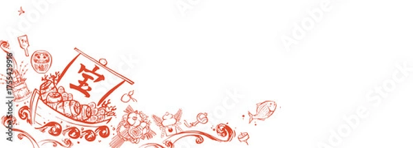 Obraz 正月　背景 フレーム 横長　筆 線画 イラスト