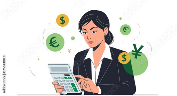 Fototapeta Professional Woman Calculating Foreign Exchange Rates With Various Currency Symbols