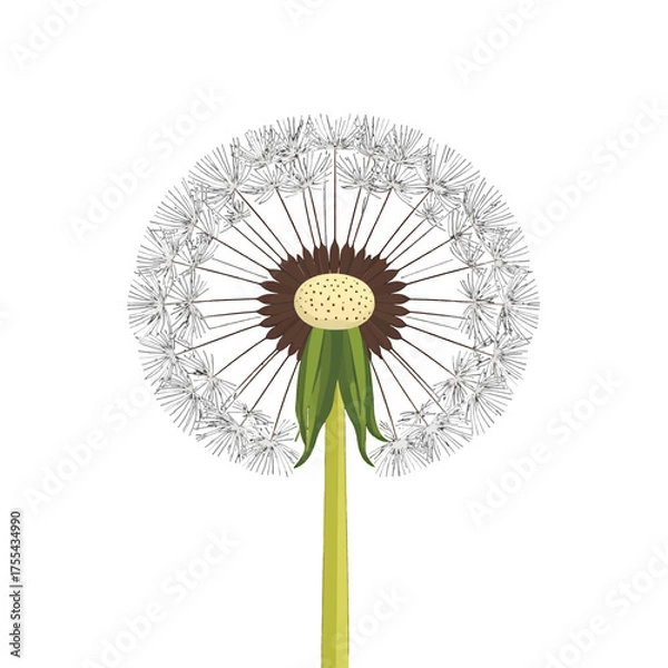 Fototapeta Detailed Dandelion Digital Illustration with Seeds Brown Center Green Stem on White Background Square Format Detailed Single Object for Stock Photography