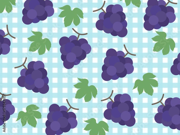 Obraz 紫色のぶどうと葉の可愛いチェック柄背景パターン