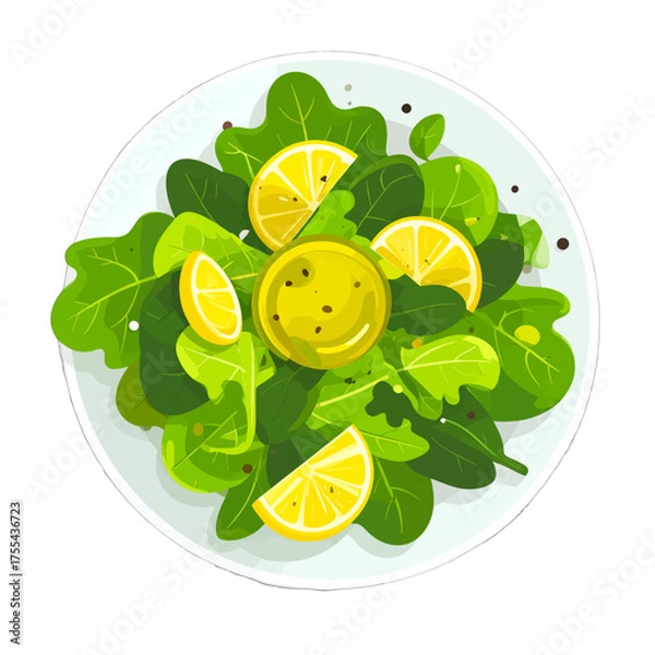 Fototapeta Fresh Green Salad with Lemon Slices and Peppercorns on White Plate Pixel Art Style Food Illustration