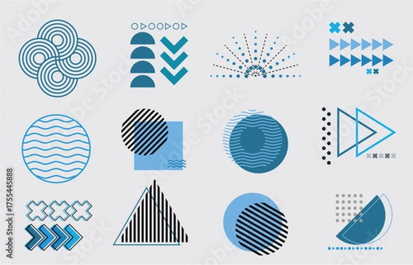 Fototapeta Set of abstract geometric shapes in blue color, modern minimal vector design elements with circles, triangles, and lines for decoration or background