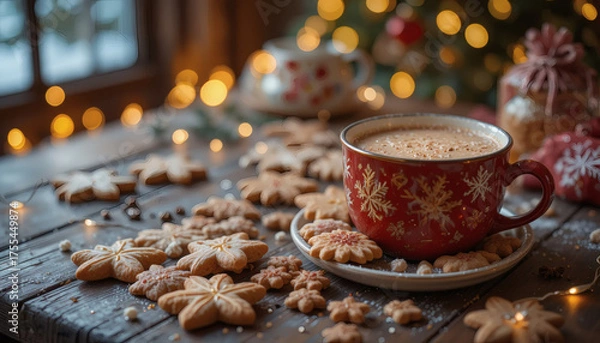 Fototapeta Christmas cookies and hot cocoa on a wooden table, surrounded by fairy lights, cozy festive vibe