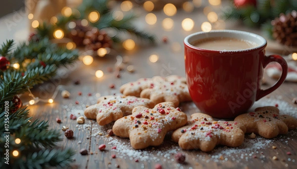 Fototapeta Christmas cookies and hot cocoa on a wooden table, surrounded by fairy lights, cozy festive vibe