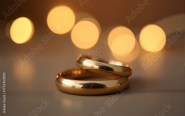 Fototapeta A pair of gold wedding rings with bokeh background. High quality