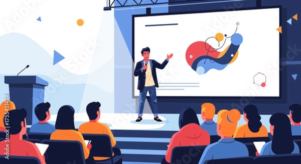 Obraz Professional Presenter Engaging Audience During A Vibrant And Colorful Business Seminar