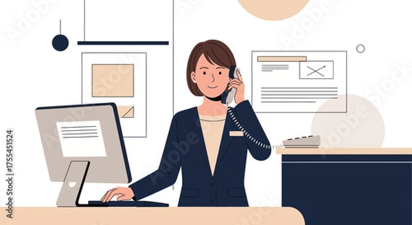 Obraz Professional Woman on a Phone Call while Using a Computer Representing Business Communication