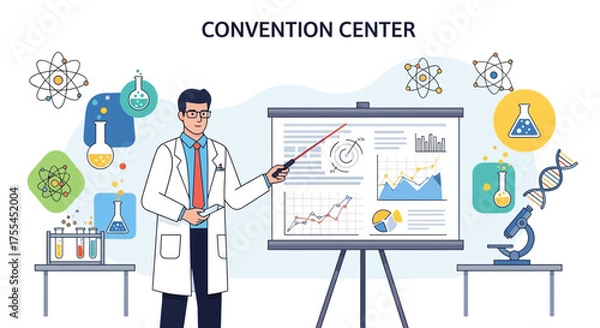 Obraz Researcher Presenting Data Analysis With Charts, Atoms, And Scientific Illustrations Perfectly