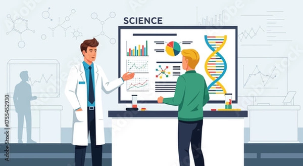 Obraz Scientific Discussion Illustrated: A Professor Explains Complex Data Visuals on a Large Screen