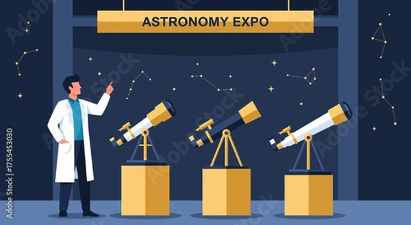 Obraz Scientist Explaining Constellation Patterns At An Astronomy Expo With Telescopes