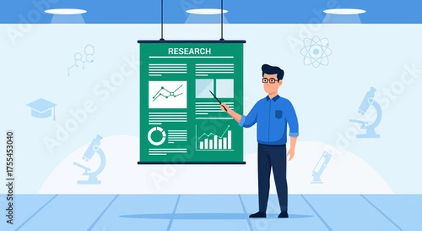Obraz Scientist Giving Presentation About Research Project With Data Visualizations and Charts Displayed
