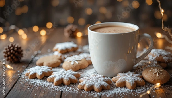 Fototapeta Christmas cookies and hot cocoa on a wooden table, surrounded by fairy lights, cozy festive vibe