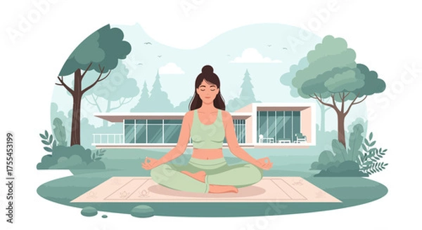 Obraz Serene Meditation Practice in Nature's Embrace Near Modern Home for Wellness
