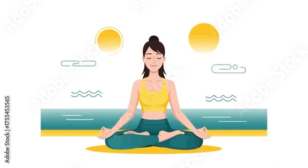 Obraz Serene Yoga Practice By The Ocean At Dawn, Embracing Calmness And Mindfulness In Nature