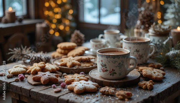 Fototapeta Christmas cookies and hot cocoa on a wooden table, surrounded by fairy lights, cozy festive vibe