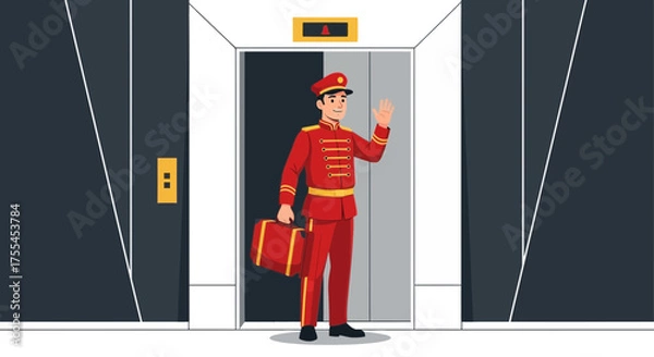 Obraz Smiling Bellhop in Formal Attire Welcoming Guests and Holding a Red Suitcase at Elevator