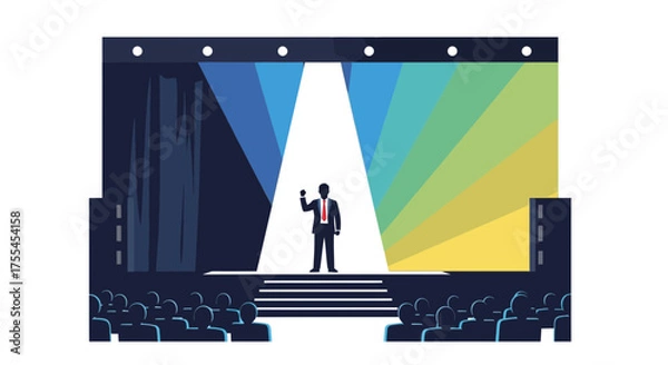 Obraz Speaker Gives A Presentation In Front Of An Audience On A Stage With Lights And Colors