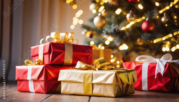 Fototapeta Christmas presents stacked under a glowing tree, bokeh background