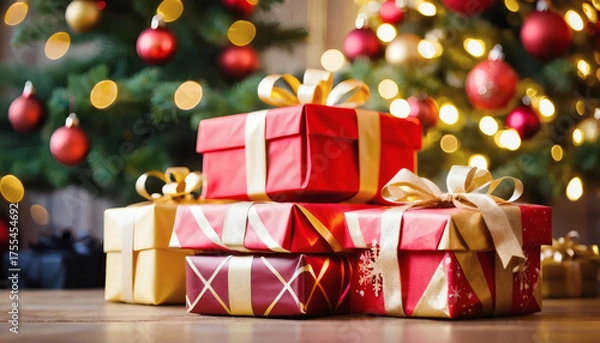 Fototapeta Christmas presents stacked under a glowing tree, bokeh background