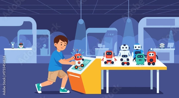 Obraz The Young Boy Interacts With A Robotic Display At The Future Tech Museum Exhibit
