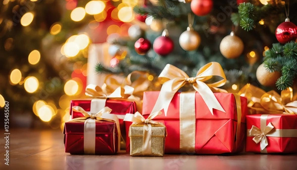 Fototapeta Christmas presents stacked under a glowing tree, bokeh background