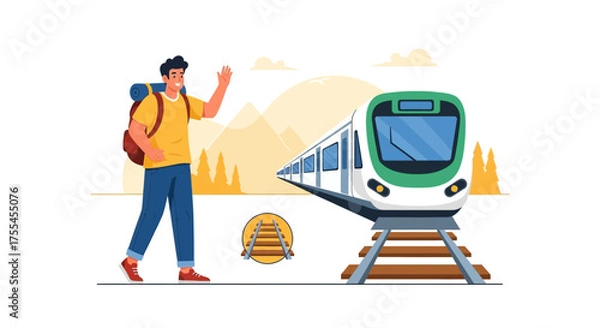 Obraz Traveling Man Waves Goodbye Beside Modern Train Towards Mountains and Nature