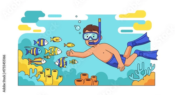 Obraz Underwater Adventure: Snorkeler Interacting with Colorful Fish in a Vivid Aquatic Scene