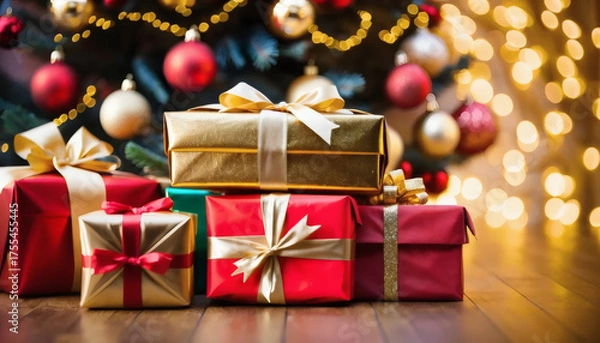 Fototapeta Christmas presents stacked under a glowing tree, bokeh background