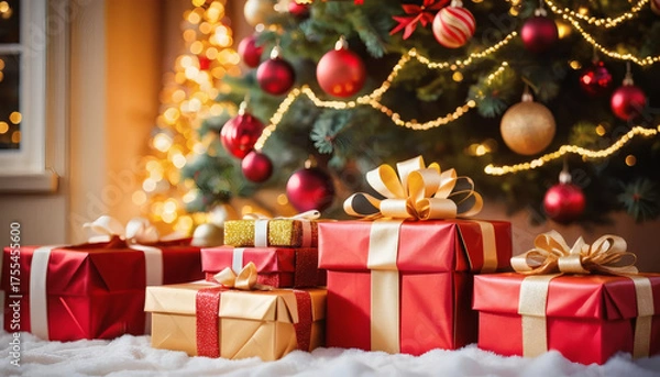 Fototapeta Christmas presents stacked under a glowing tree, bokeh background