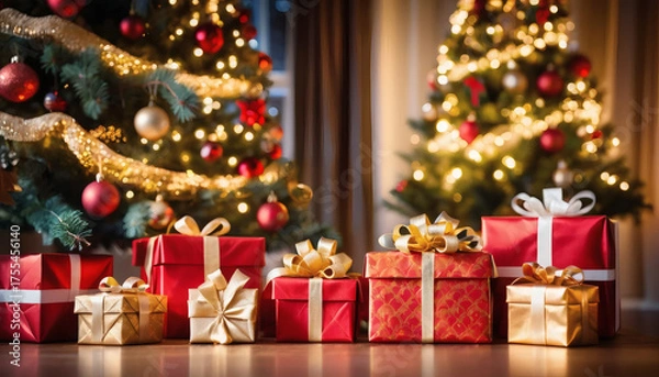Fototapeta Christmas presents stacked under a glowing tree, bokeh background
