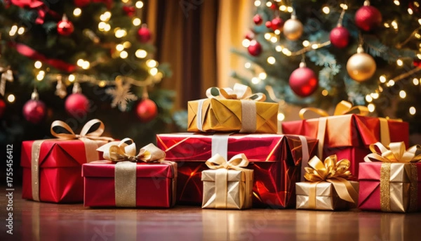 Fototapeta Christmas presents stacked under a glowing tree, bokeh background