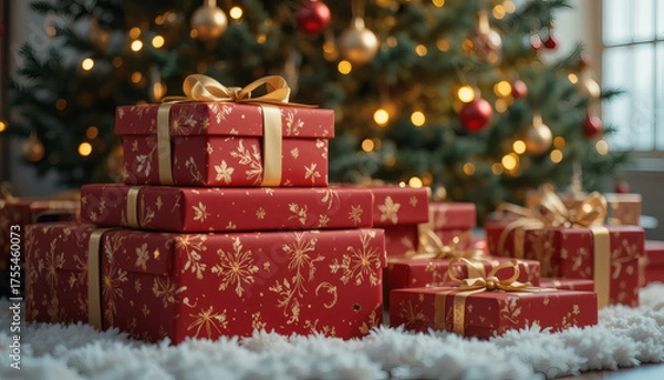 Fototapeta Christmas presents stacked under a glowing tree, bokeh background