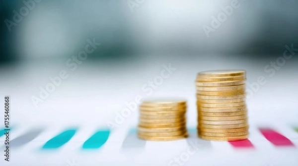 Obraz Gold coins are neatly stacked on a surface featuring a financial chart. The chart displays various colors, illustrating investment trends. This setting reflects a focus on wealth and financial growth