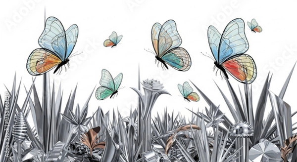 Fototapeta Beautiful butterfly garden illustration with silver grass and colorful butterfly wings art design vector