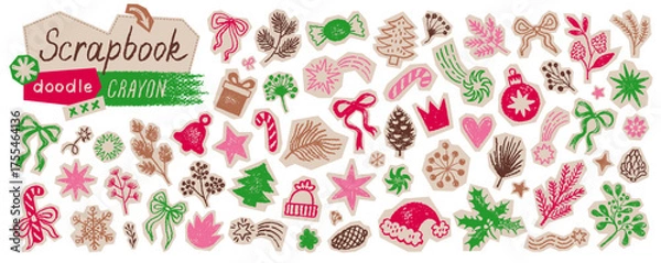 Fototapeta Christmas sticker. Xmas scrapbook. Christmas winter cutout collage icon. Vector Xmas doodle crayon scribble shape. Cute tree gift bell holly star. Doodle scrapbook torn paper nubs ornament. Cut-out bg