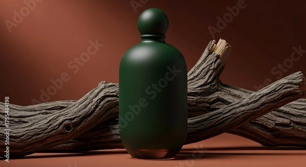 Fototapeta Emerald Bottle Still Life - Minimalist Design with Driftwood and Earthy Tones, Shadow Play.