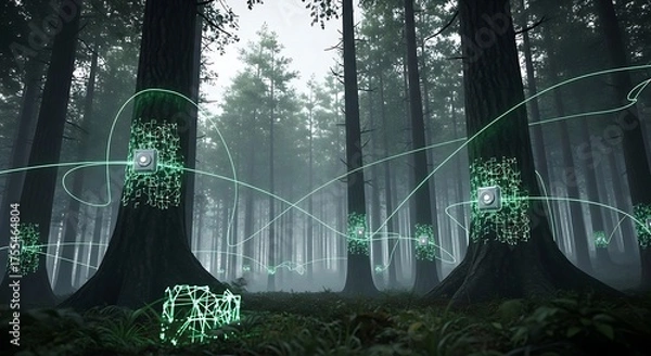 Fototapeta Abstract futuristic technology background with glowing nodes connected by data streams in a forest, representing environmental monitoring and data collection