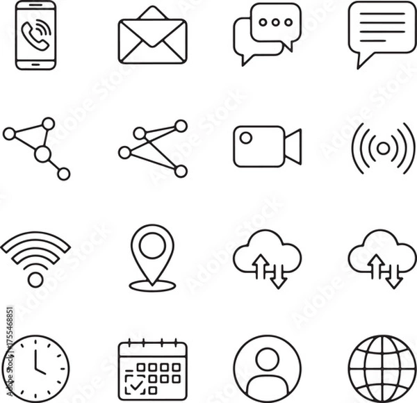 Fototapeta Communication Icons – Outline Vector Collection of Network, Call, Message, and Cloud Connection Symbols, Minimal Line Design