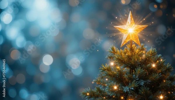 Fototapeta Golden star shining on top of a Christmas tree with glittering lights, soft blurred festive background