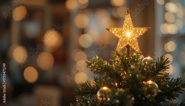 Fototapeta Golden star shining on top of a Christmas tree with glittering lights, soft blurred festive background