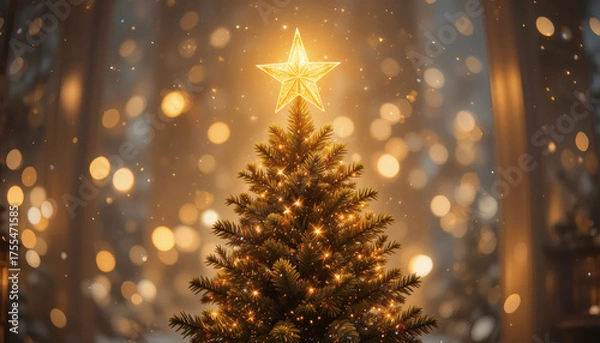 Fototapeta Golden star shining on top of a Christmas tree with glittering lights, soft blurred festive background